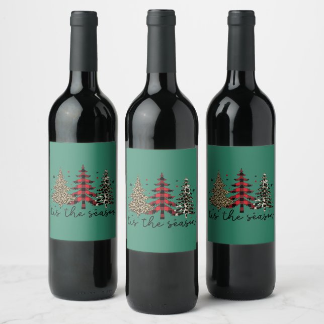 "Tis the Season" Plaid Leopard Christmas Trees Wine Label (Bottles)