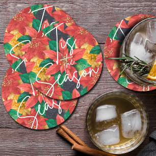 Tis the Season Poinsettia Christmas Holiday Round Paper Coaster