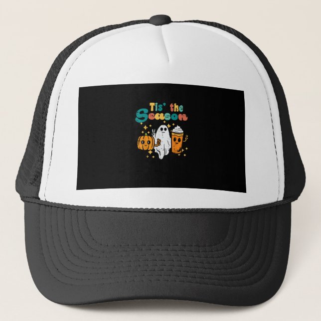 Tis The Season Pumpkin Latte Retro Halloween Fall Trucker Hat (Front)