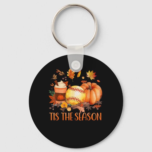 Tis The Season Pumpkin Leaf Latte Fall Softball Key Ring (Front)