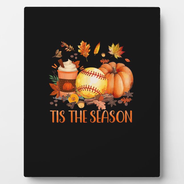 Tis The Season Pumpkin Leaf Latte Fall Softball Plaque (Front)
