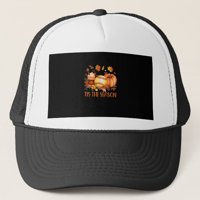 Tis The Season Pumpkin Leaf Latte Fall Softball Trucker Hat (Front)