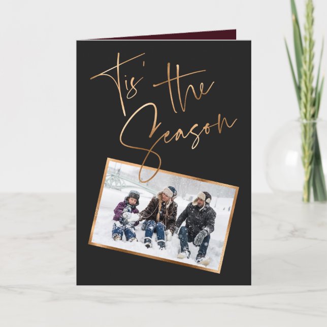 Tis the Season Quote Black Minimal Photo Christmas Card (Front)