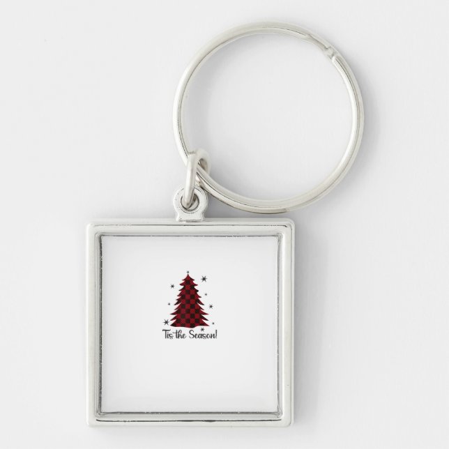 Tis The Season Red Plaid Christmas Tree Key Ring (Front)