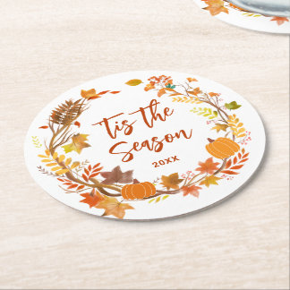 Tis The Season Rustic Fall/Autumn Wreath Round Paper Coaster
