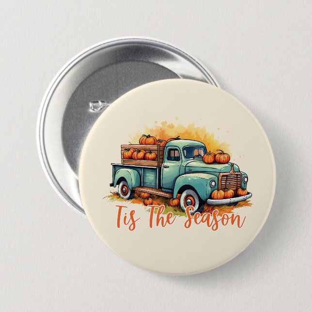 'Tis The Season – Rustic Truck with Pumpkins 7.5 Cm Round Badge (Front & Back)