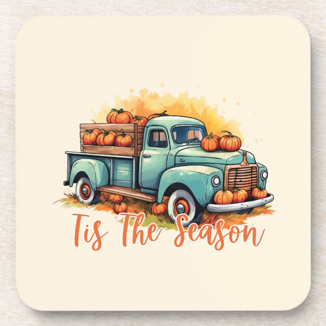 'Tis The Season – Rustic Truck with Pumpkins Coaster (Front)