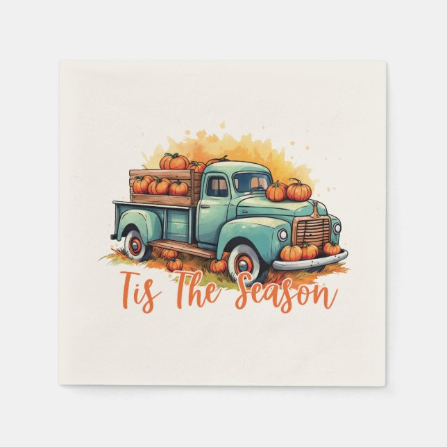 'Tis The Season – Rustic Truck with Pumpkins Napkin (Front)
