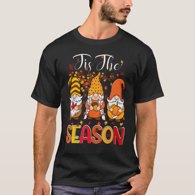 Tis The Season Three Gnomes Pumpkin Fall Leaves Th T-Shirt (Front)