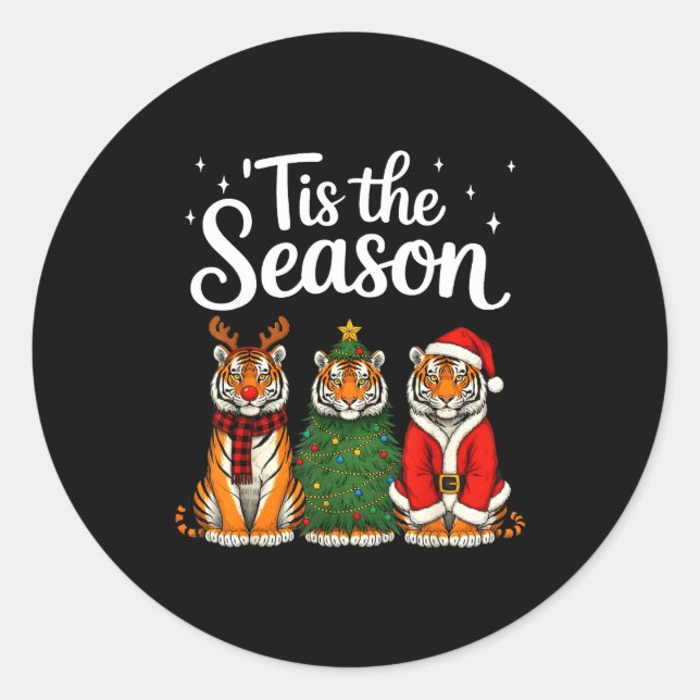 Tis The Season Tiger Christmas Santa Safari Animal Classic Round Sticker (Front)
