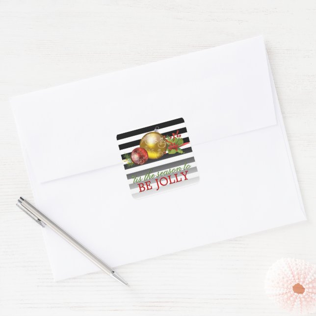 Tis The Season To Be Jolly Black White Stripes Square Sticker (Envelope)