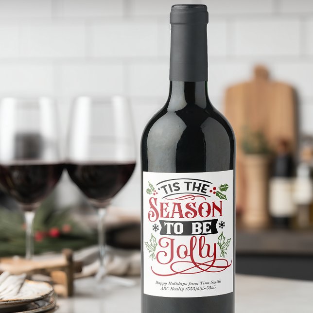 Tis the Season to be Jolly Christmas Holiday Wine Label (Personalized Christmas Wine Label for Customer Gifts)