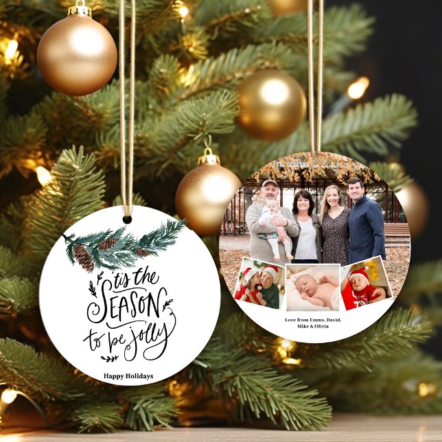 Tis The Season To Be Jolly Pine Cone Photo Collage Ornament (Creator Uploaded)