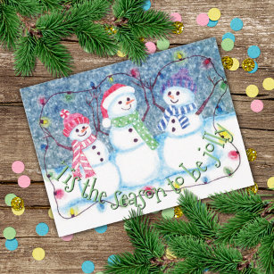 Tis The Season To Be Jolly Snowmen Watercolor Holiday Card