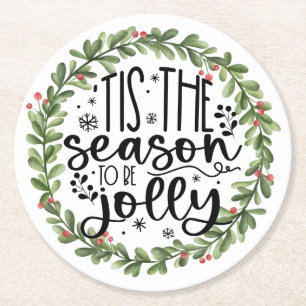 Tis the Season to be Jolly Watercolor Wreath Round Paper Coaster