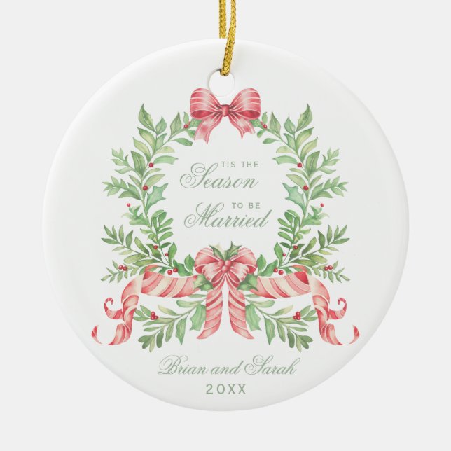 Tis the Season to Be Married First Christmas Photo Ceramic Ornament (Front)