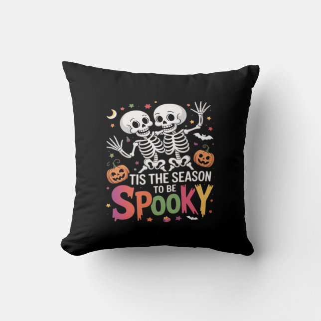 Tis The Season To Be Spooky Dancing Skeleton Hallo Cushion (Front)