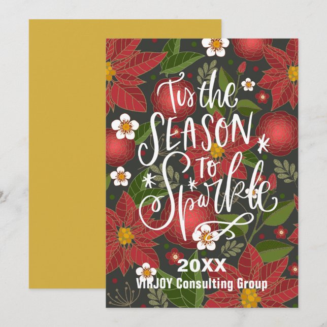 Tis The Season To Sparkle Red Poinsettia Business Holiday Card (Front/Back)