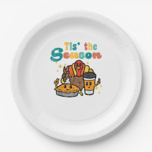 Tis The Season Turkey Coffee Retro Thanksgiving Fa Paper Plate