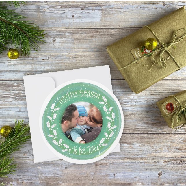 'Tis the Season White Holly Teal Wreath Photo Holiday Card (Creator Uploaded)
