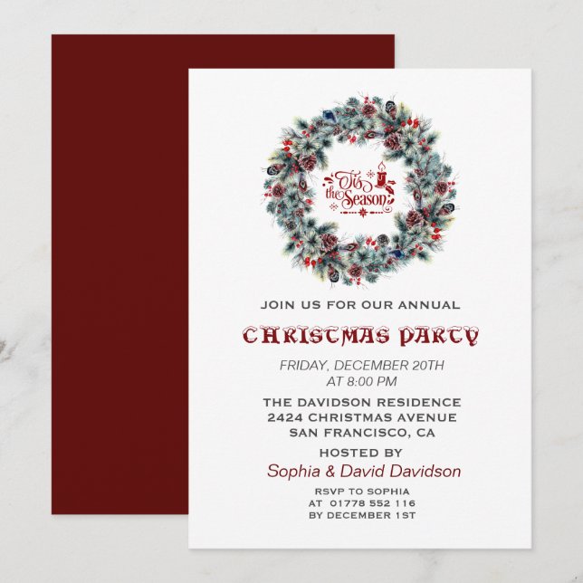 'Tis the Season Winter Wreath Christmas Party Invitation (Front/Back)