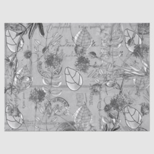 Tissue Paper Decoupage B/W Floral Leaves Postcard