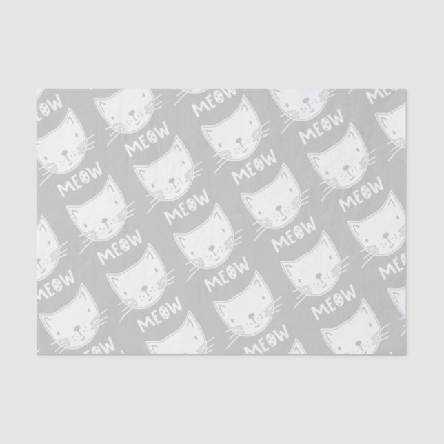 Tissue Paper with Cute Cat Face White Grey Pattern (Front)