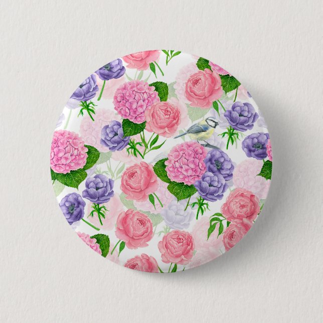 Tit bird and flowers 6 cm round badge (Front)