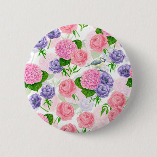 Tit bird and flowers 6 cm round badge