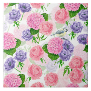 Tit bird and flowers ceramic tile