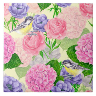 Tit bird and flowers ceramic tile