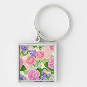 Tit bird and flowers key ring
