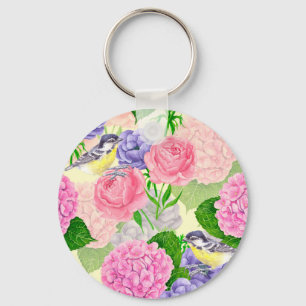 Tit bird and flowers key ring