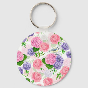 Tit bird and flowers key ring