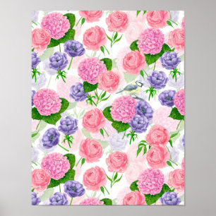 Tit bird and flowers poster