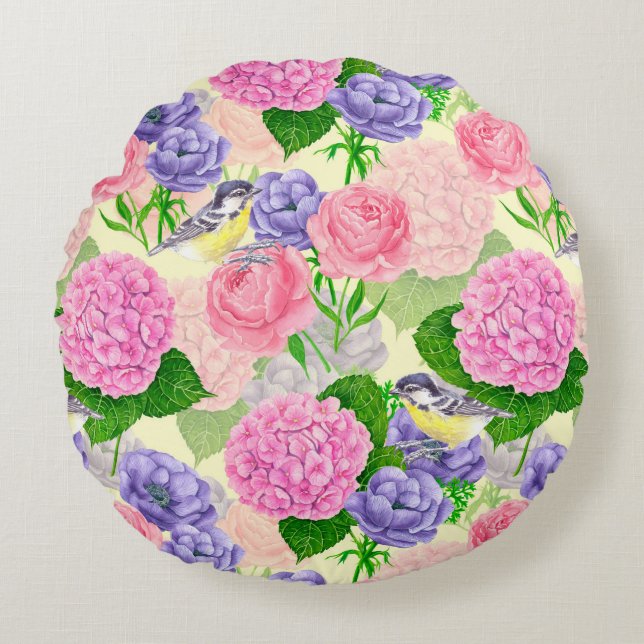 Tit bird and flowers round cushion (Front)