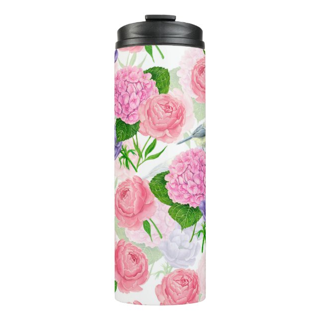 Tit bird and flowers thermal tumbler (Front)
