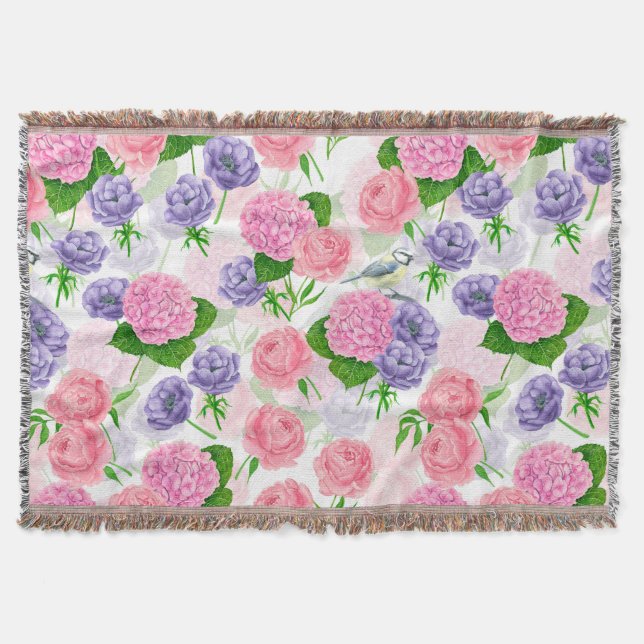 Tit bird and flowers throw blanket (Front)