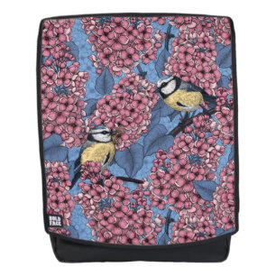 Tit birds in the lilac garden backpack