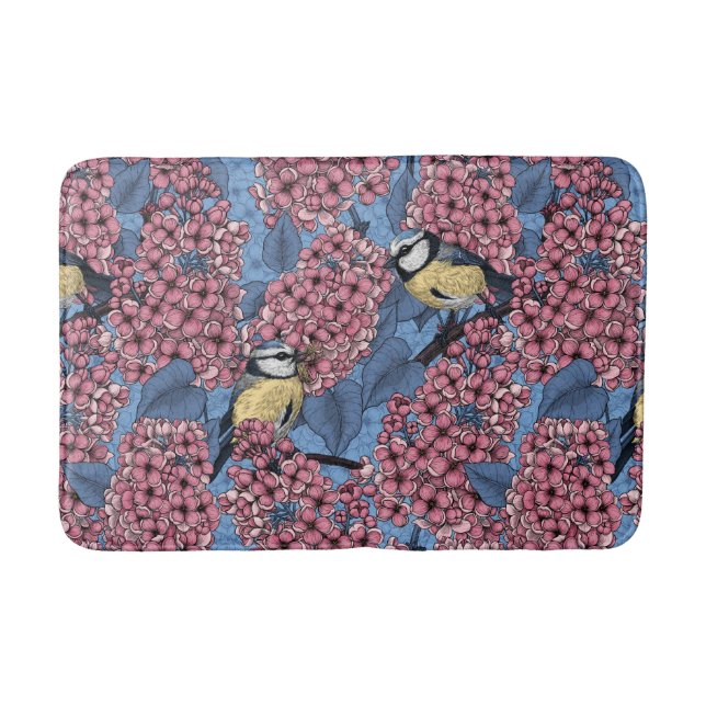 Tit birds in the lilac garden bath mat (Front)