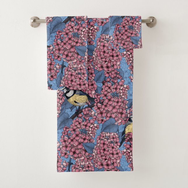 Tit birds in the lilac garden bath towel set (Insitu)