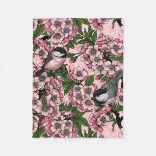 Tit birds in the lilac garden fleece blanket