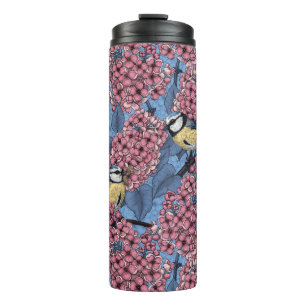 Tit birds in the lilac garden thermal tumbler