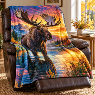 Titan of the North Moose Sunset Fleece Blanket