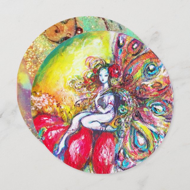 TITANIA AND RED FLOWER ,Green Teal Blue Sparkles Invitation (Front/Back)