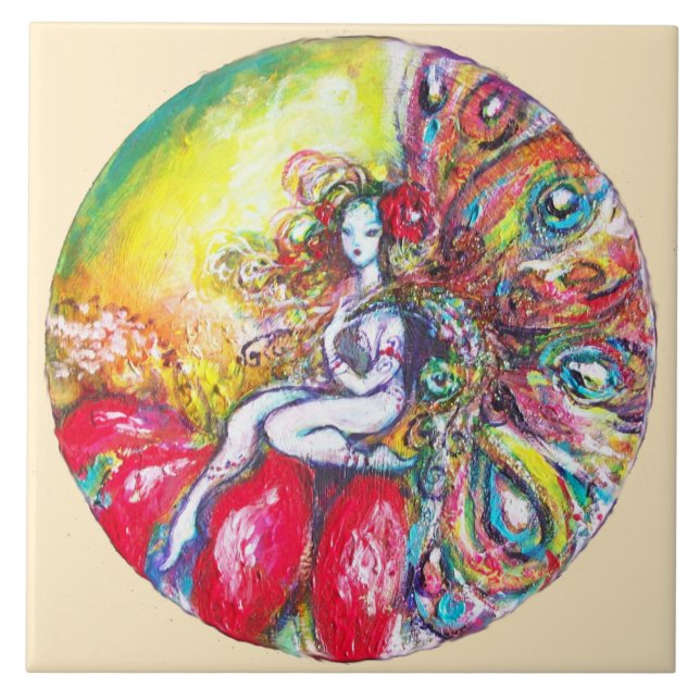 TITANIA SITTING ON A RED FLOWER Fantasy Ivory Ceramic Tile (Front)