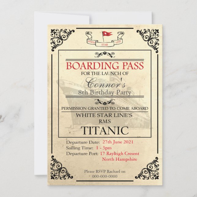 Titanic Boarding Pass Invitation (Front)