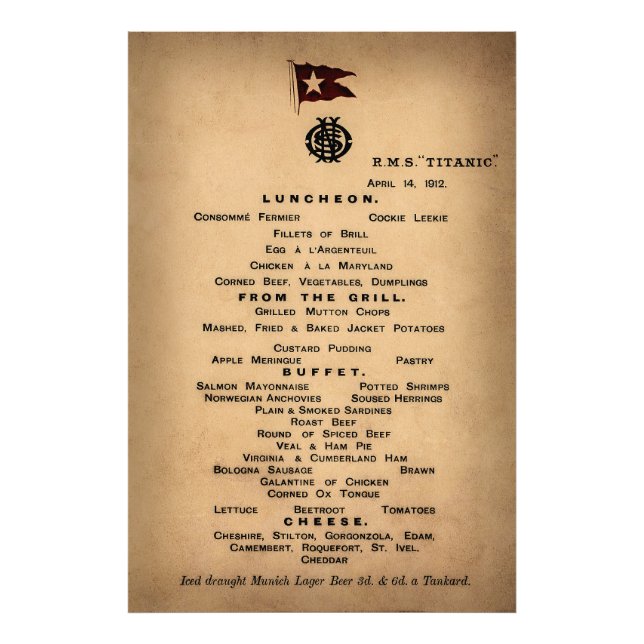 TITANIC Final Luncheon Menu 1912 Photo Print (Front)