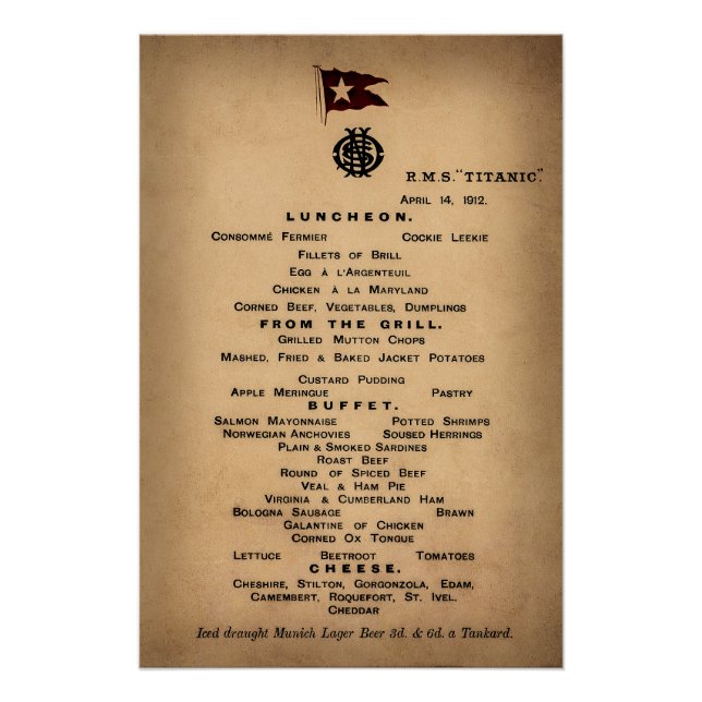 TITANIC Final Luncheon Menu 1912 Poster (Front)