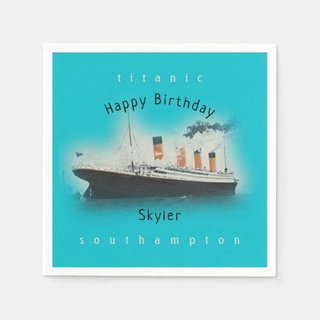 Titanic Ship Happy Birthday Name Aqua Teal Napkin (Front)